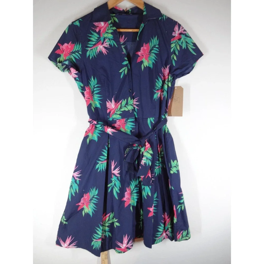 Brooks Brothers Shirt Dress 10P Navy Tropical Floral Petite Belted Preppy Vaca